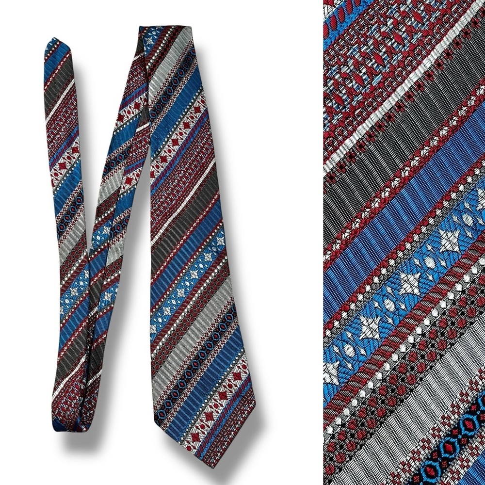 Vintage 1960s Tie Striped Mixed Print  Acetate/Rayon  Made in Hong Kong Teal Red